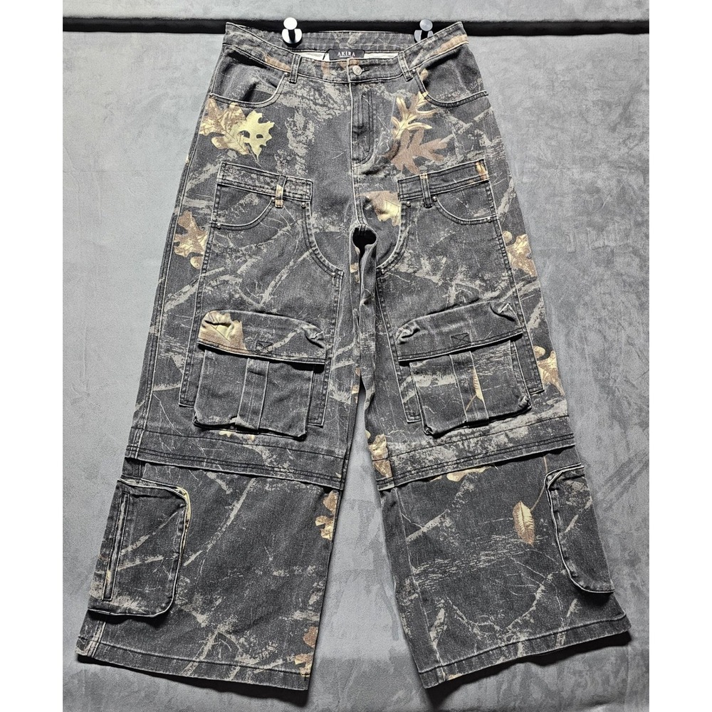 Akira Convertible Cargo Pants Grey Leaf Camo Wide Leg 100% Cotton 24JWHJ7779 XL - Picture 2 of 16